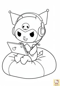 Kuromi Coloring Pages - Kuromi sitting on a beanbag listening to headphones